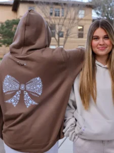 Heavyweight Vintage Brown Hoodie with Sky Blue Bow