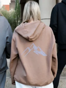 Heavyweight Brown Hoodie with Sky Blue Mountain in Back