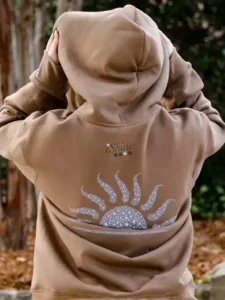 Heavyweight Brown Hoodie with Sky Blue Sunrise in back