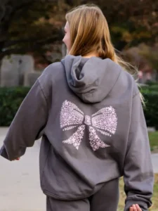 Heavyweight Gray Hoodie with Pink Bow in Back