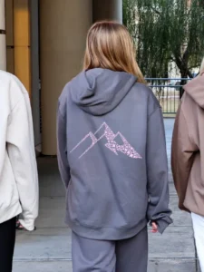 Heavyweight Asphalt Gray Hoodie with Pastel Pink Mountain
