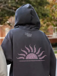 Heavyweight Asphalt Gray Hoodie with Pastel Pink Sunrise