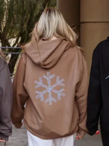 Heavyweight Vintage Brown Hoodie with Sky Blue Snowflake